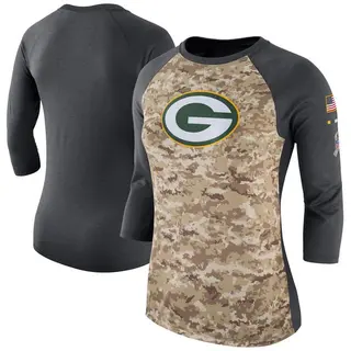 Women's Green Bay Packers Camo/Charcoal Salute to Service Legend Three-Quarter Raglan Sleeve T-Shirt
